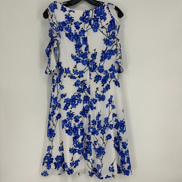 Nine West Floral Dress A Line Cold Shoulder Ruffle Cocktail Blue White - Picture 2 of 10